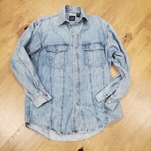 Vintage GAP Heavy Denim Shirt Women Small Blue Cotton Button Up 90s Y2K Vtg Fade
